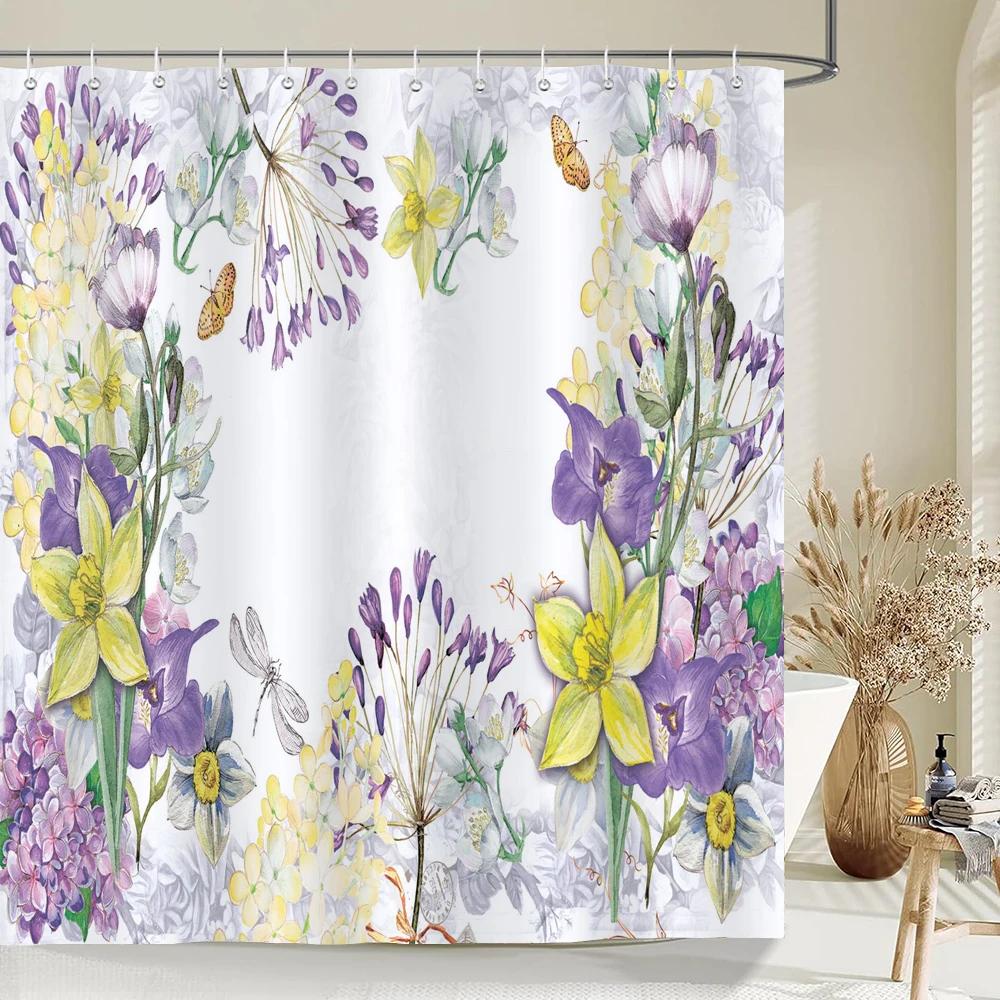 Dunika Chen Watercolor Flower Butterfly Shower Curtain Pastel Colors Garden Design Waterproof Bath Linen Romantic Bathroom Decor Spring