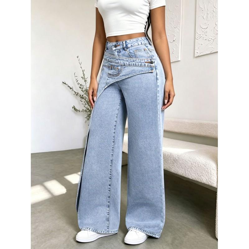 Womens High-Waisted Wide-Leg Denim Pants With