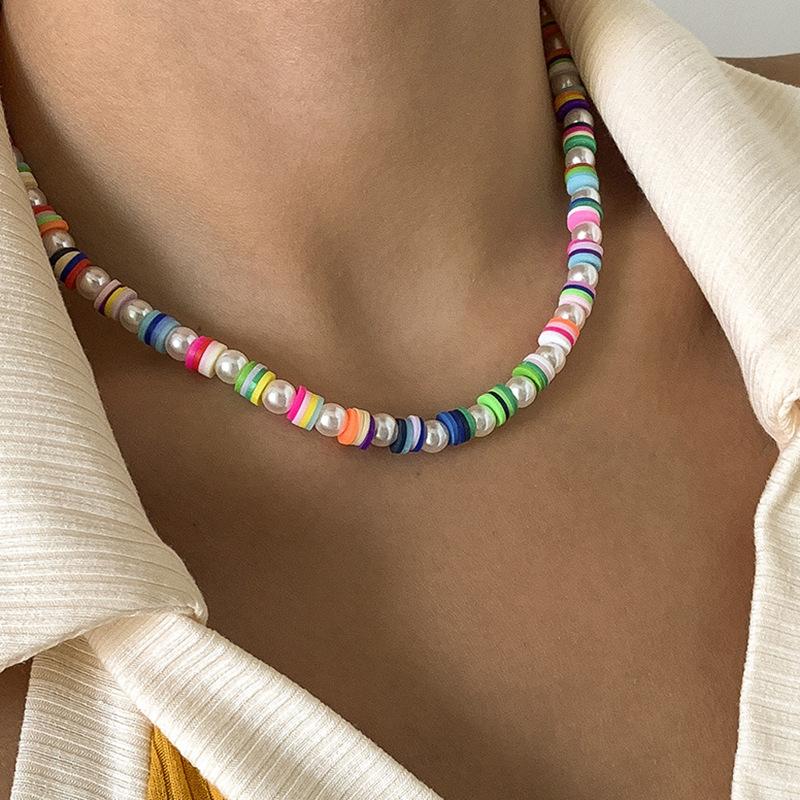 Accessories, Retro Ethnic Style Soft Pottery Rice Bead Flower Necklace, Fashionable Diamond-Encrusted Letter Pearl Necklace