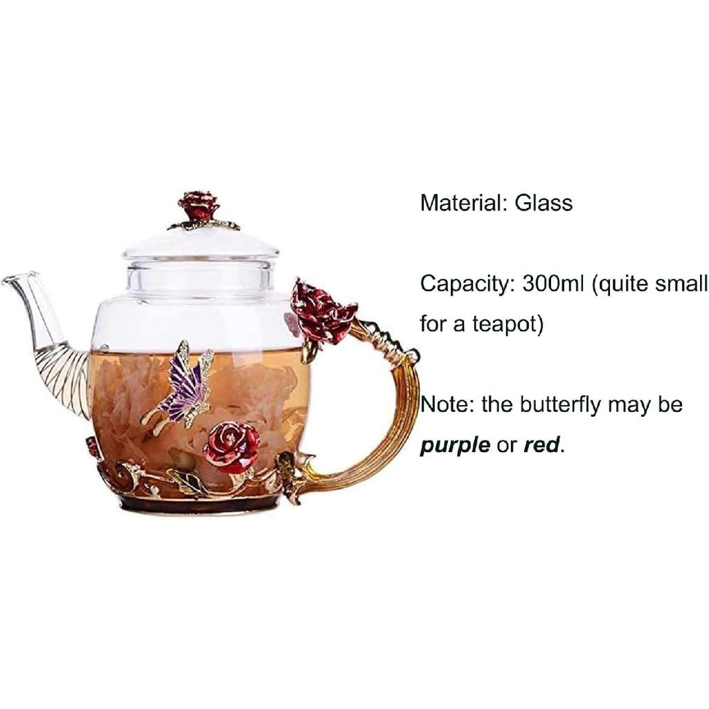 Creative Flower Glass Teapot Crystal Glass Teapot for Kung Fu Tea, Good Gift for Sister, Mom, Grandma, Teachers (Red Rose)