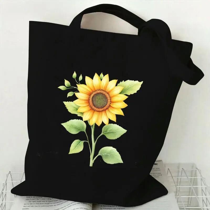 

Black Canvas Tote Bag With Chamomile Flower Stylish Casual Shoulder Handbag For Shopping, Daily Use & Gifts, Shopping Handbag
