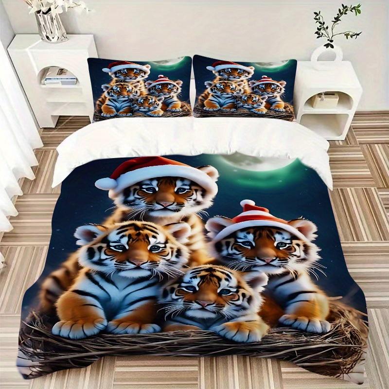 3Pcs Tiger Cubs Printed Bedding Set, Breathable And Soft, Machine Washable, Christmas Gift, Suitable for Bedroom Decoration, 15174