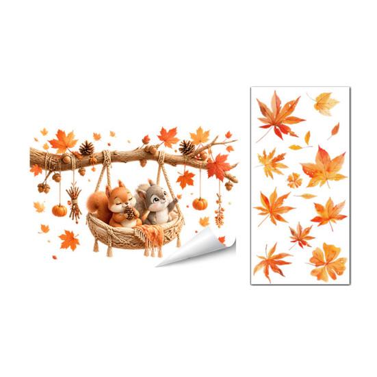 Pumpkin Window Art 2Pcs Fall Maple Leaves Animals Static Stickers, Autumn Squirrel/Hedgehog/Rabbit/Raccoon Glass Waterproof Decals PVC Clings for Home