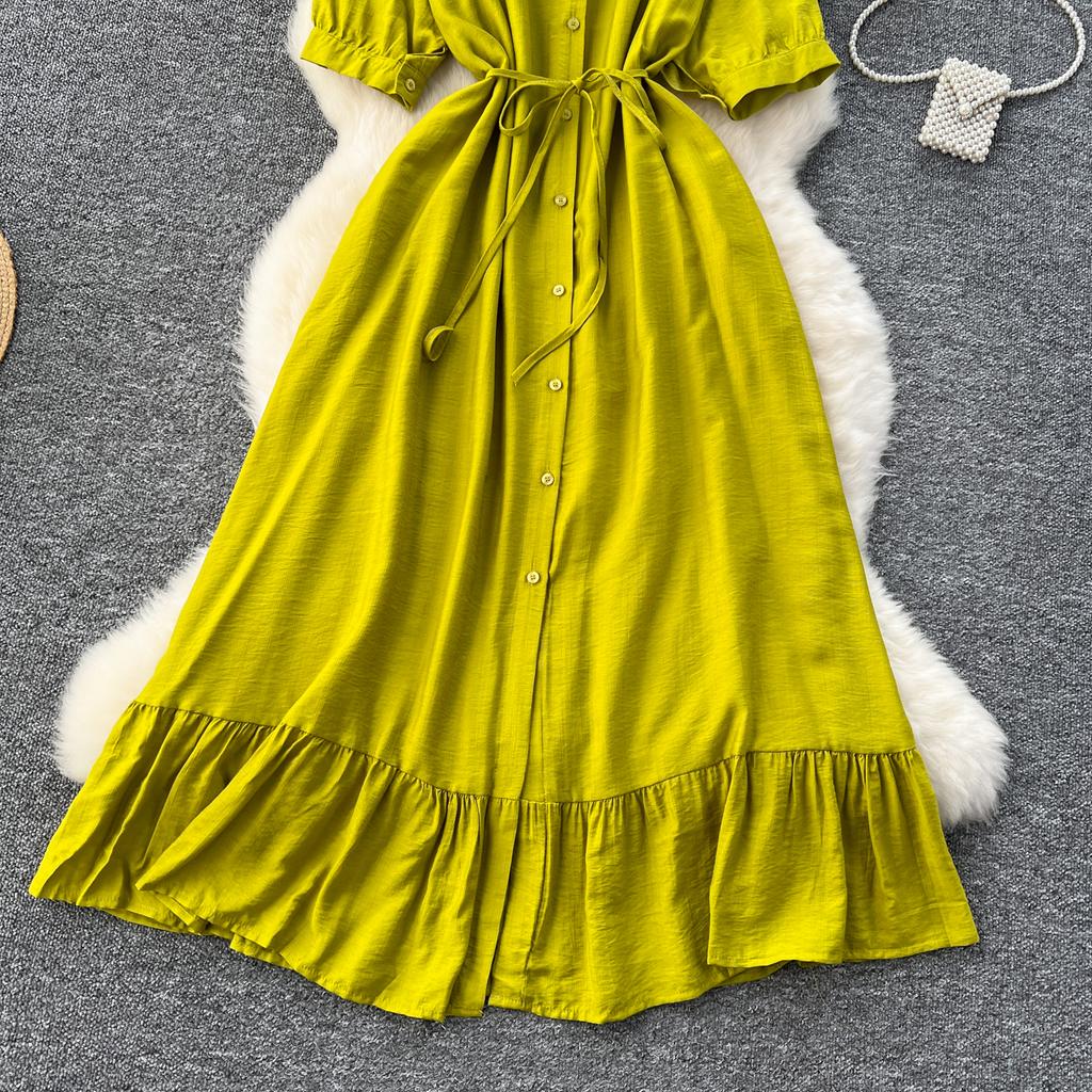 Sexy Chic Polo-Neck Single Breasted Ruffle Dress Elegant Korean Fashion Slim Summer Vintage Sweet Dresses