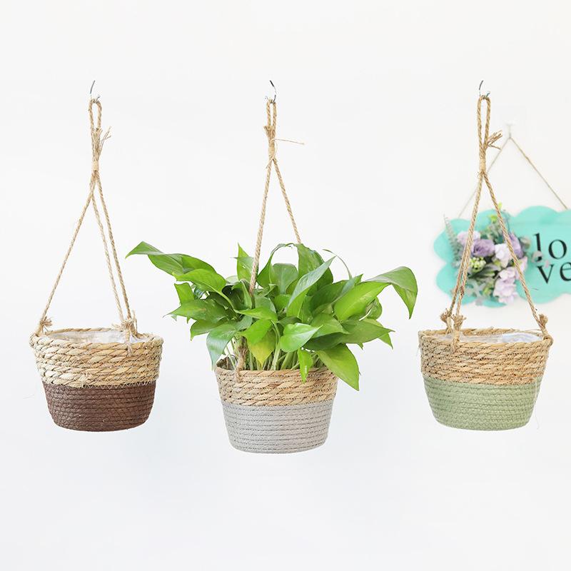 Stroh Hängender Korb Hanfseil Geflochtene Blumenkörbe Topfpflanzen Blumentöpfe