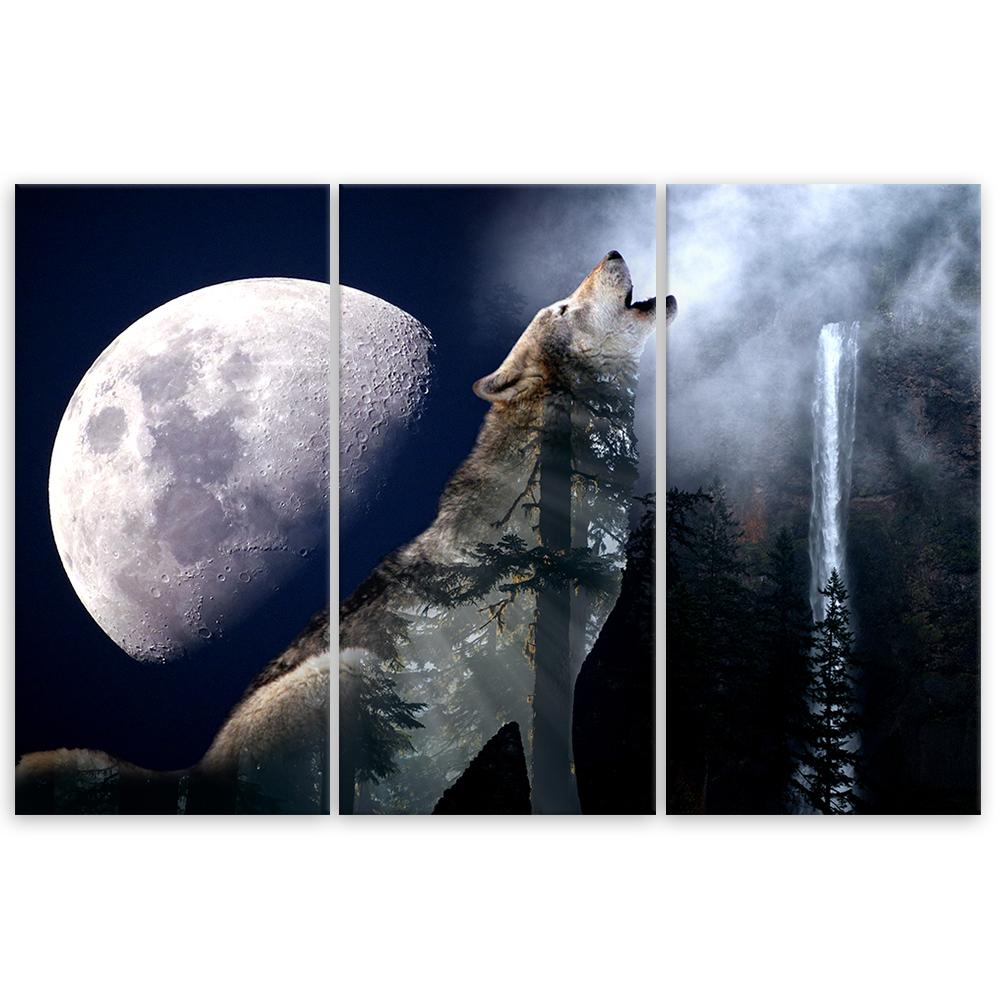 Three Piece Picture Canvas Print Wolf Nature Moon Fog
