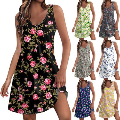 Damen Casual Print Sommer Bohemian Strandkleid mit Taschen V-Ausschnitt Tank Kleid