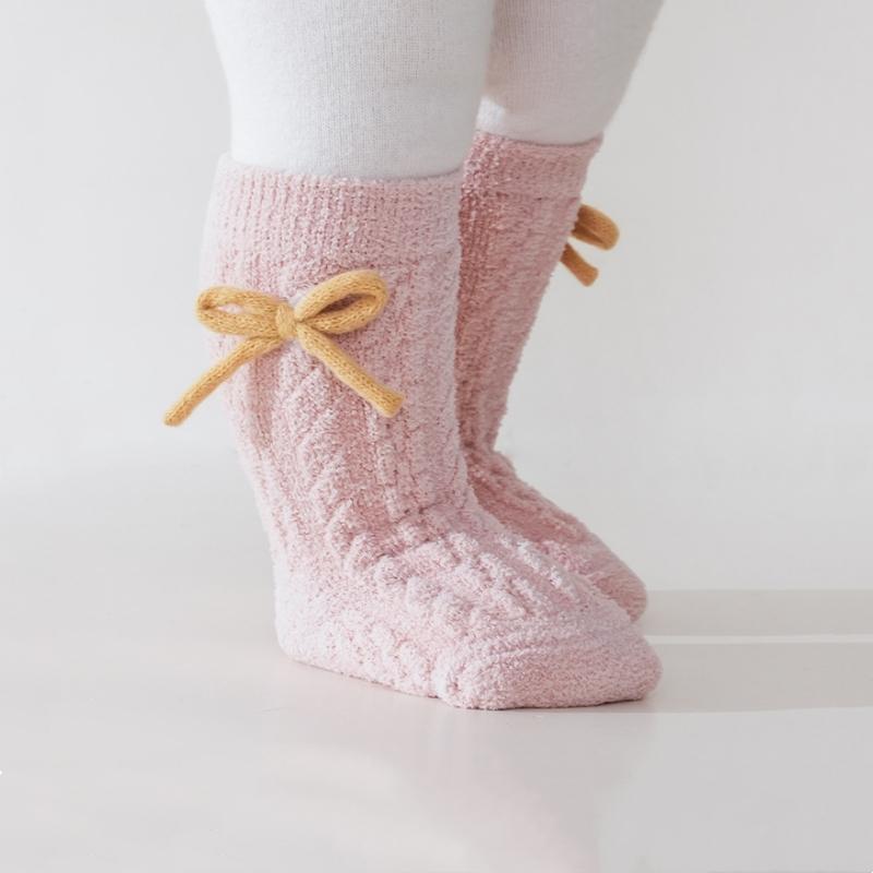 Baby Socks Solid Cotton Soft Long Princess Socks Plugging And Thickening with Cute Bow Boy Girls Stretchy Warm Cozy Casual Socks