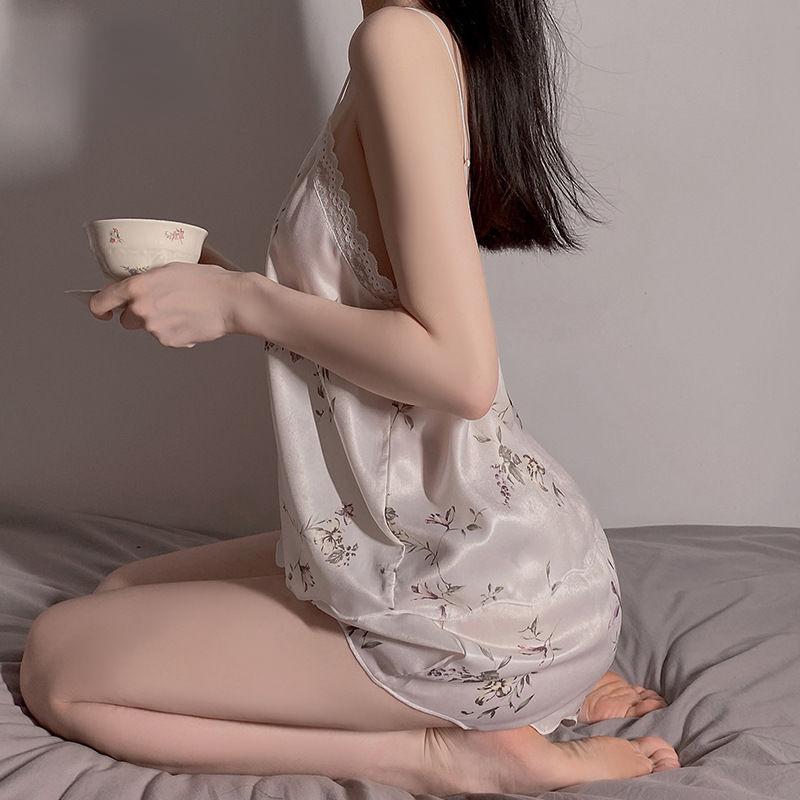 Sexy Ice Silk Pajamas Lace Women Vintage Suspenders Two Piece Shorts Suits Female Sweet Printed Home Clothes Nightwear