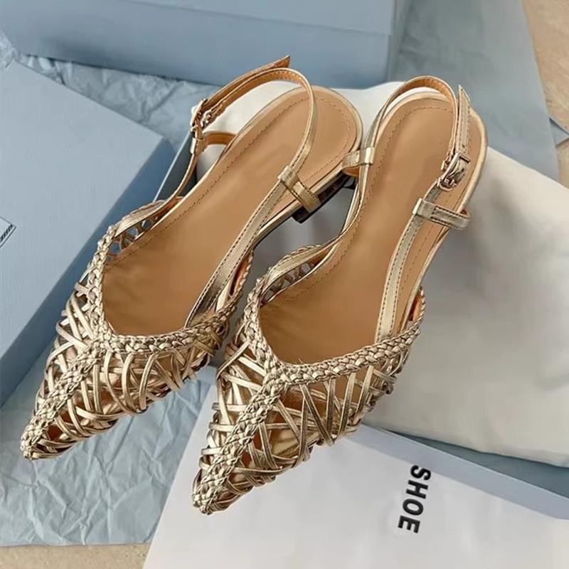 Fashion Elegant Green Openwork Woven Women Pumps Sexy Pointed Toe Square Heel Flat Sandals for Women Summer Fashion Comfort Beach Shoes