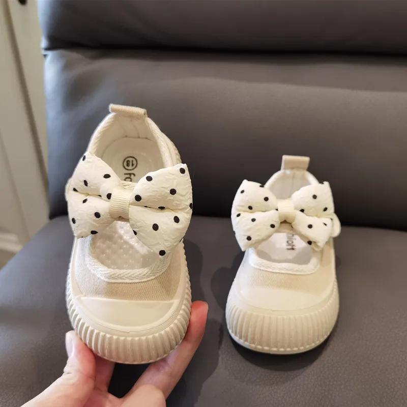 Spring New Sneakers Girl Polka Dots  Bows Child Sneakers Soft Soles Comfor Princess Girls' Shoes Baby Square Mouth Canvas Shoe