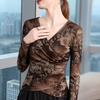 Coffee design mesh top, high-end new autumn long-sleeved v-neck t-shirt, women's tie-dye thin bottoming shirt