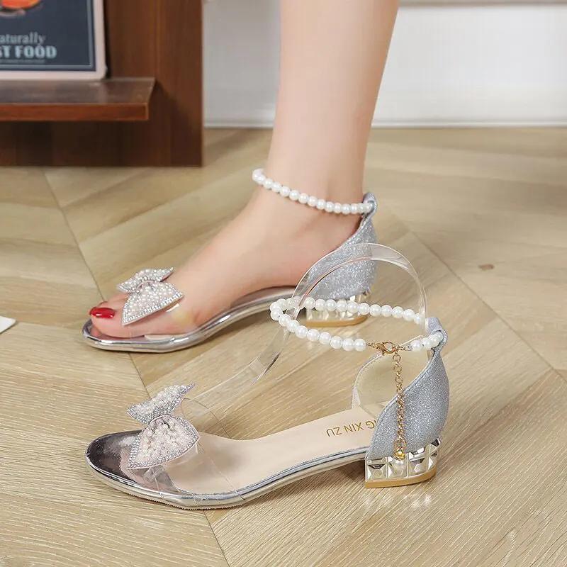 Fashion Bowtie Pearl Crystal Low Heel Sandals Women Gold Pearl Ankle Buckle PVC Sandals Plus Size Light Comfort Square Heels Sandals