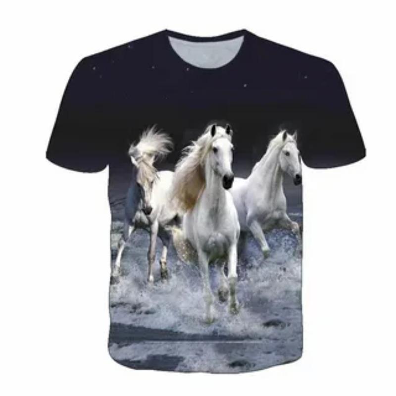 Summer Comfortable Fashionable 3D Printed Horse Pattern Round Neck Kids Clothes Fashion Casual Tops Soft Girls Creative Colorful T-Shirt