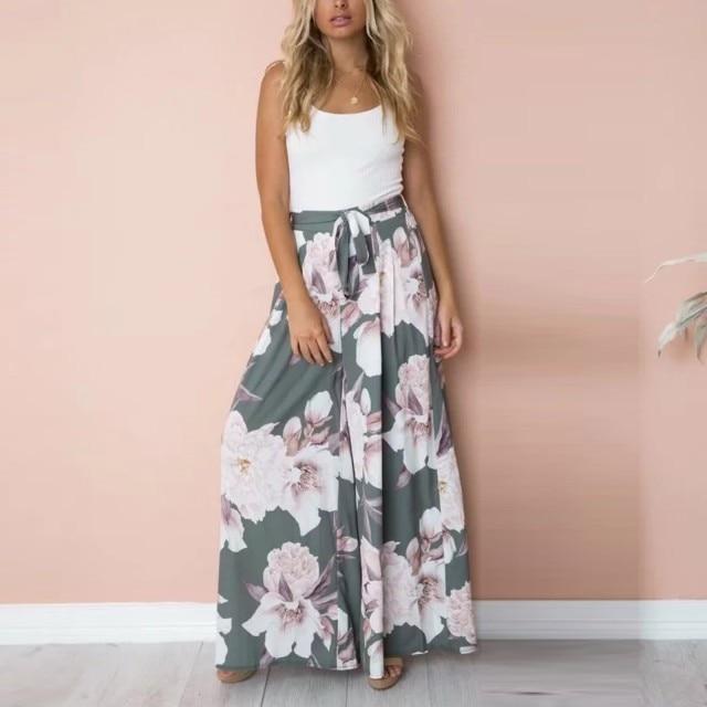 Damen-Palazzo-Hose mit Blumen- und geometrischem Druck, elastisch, hohe Taille, Schärpen, lange Hose mit weitem Bein, lockere Culottes, Maxi-Hose