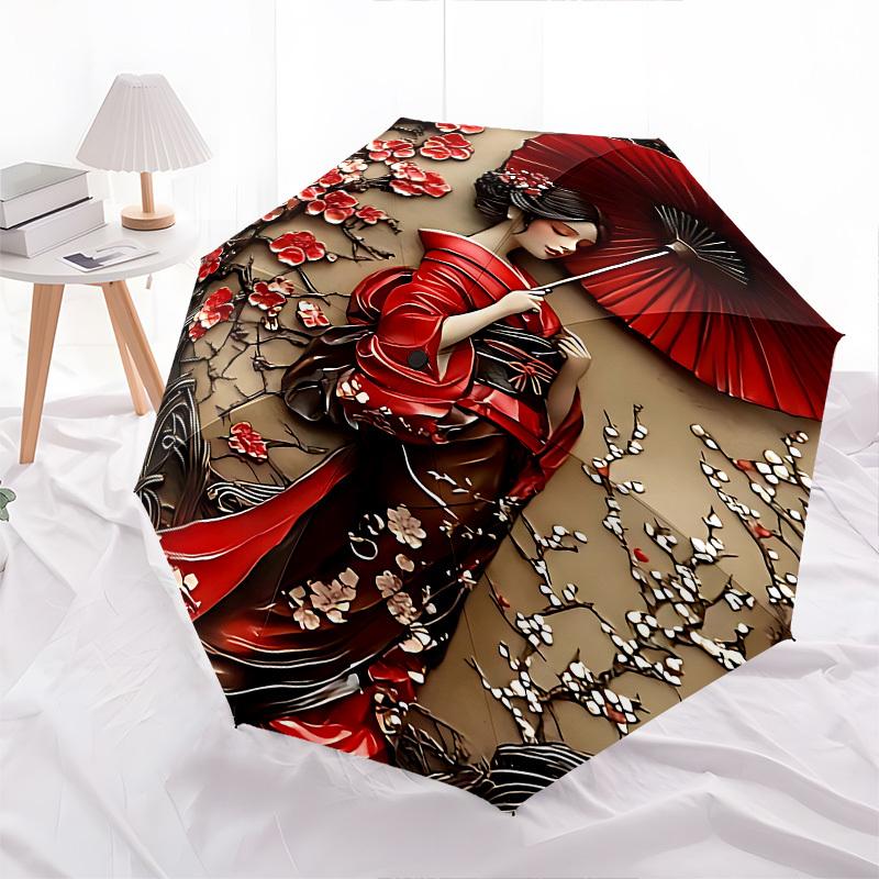 1 Stück Blumendruck, Kimono-Regenschirm mit 8 Eisenrippen und Kunststoffgriff, automatische Öffnung und Schließung, und täglicher Gebrauch.1106