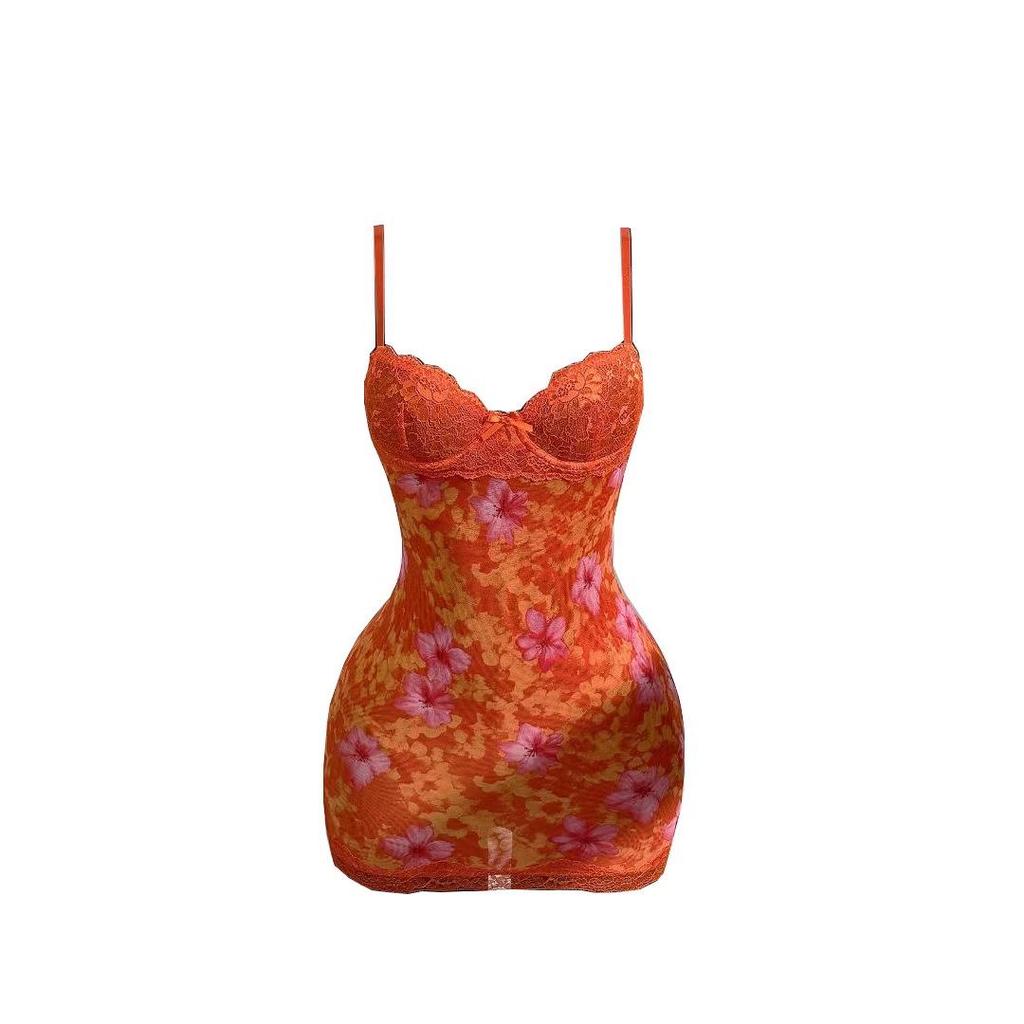 2025 Cross-border Sexy Lace Slip Dress: Waist-cinching Retro Floral Print, Backless, Hip-hugging, Ruffled Design.