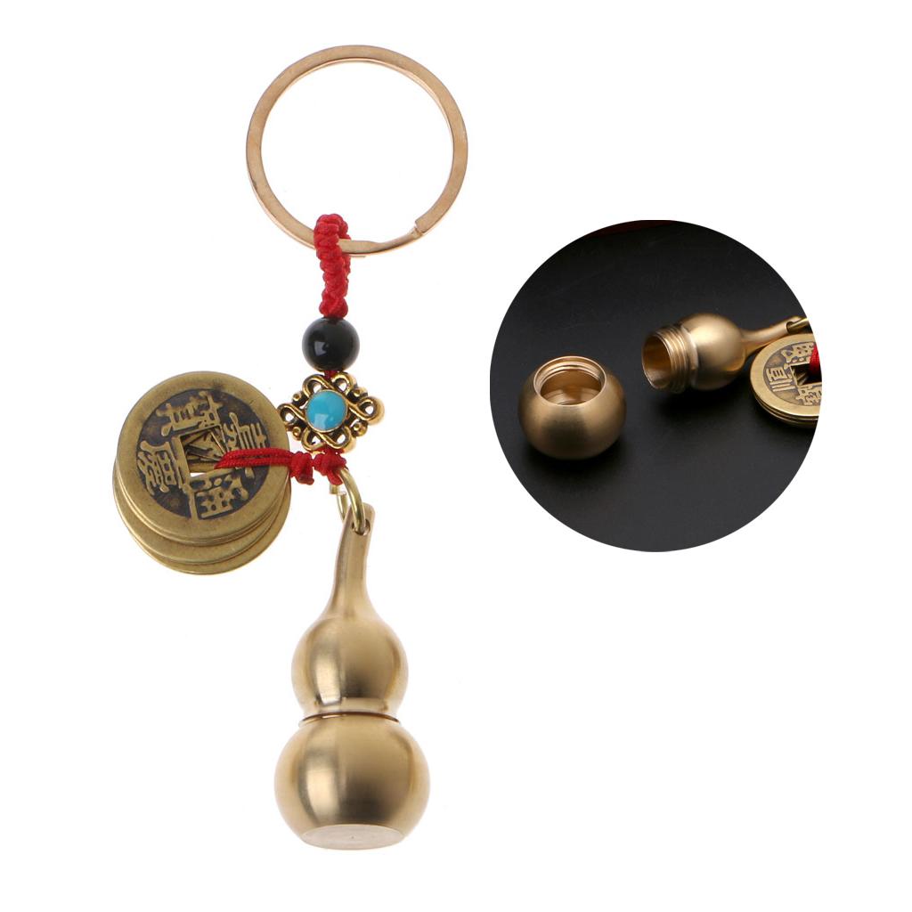 Exquisite Wu Lou Keyring Lucky Gourd Keychain with Feng Shui Coin Car for Key Ri