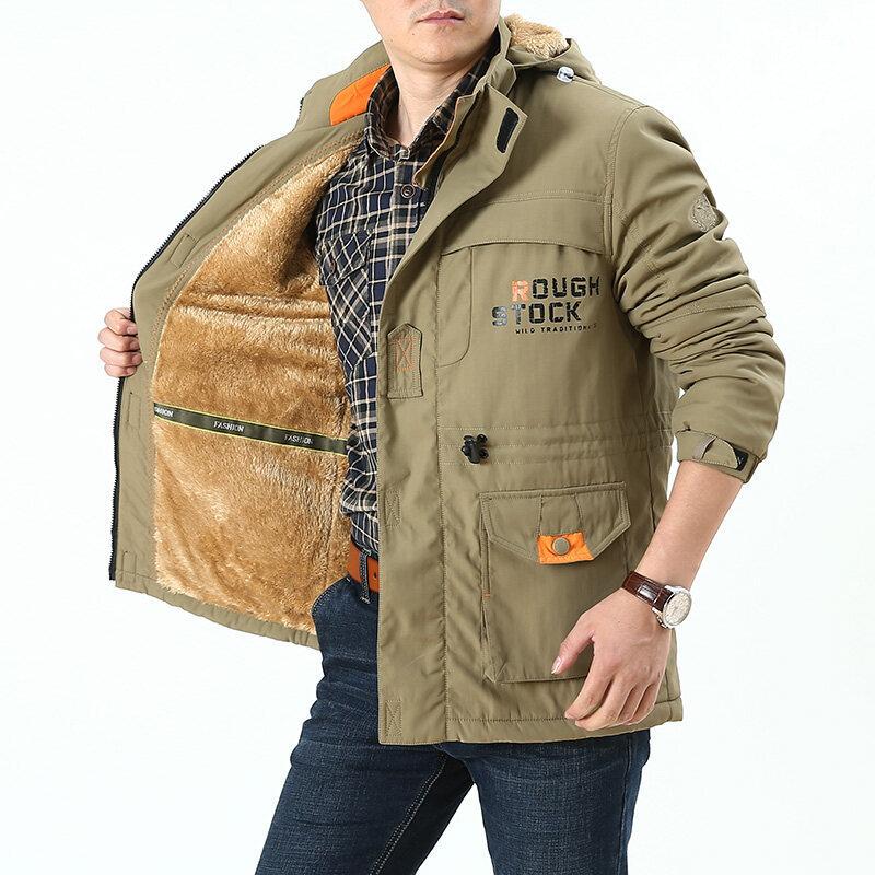 Autumn and Winter Outdoor Medium and Long Jacket Men's Casual Tooling Multi-bag Jacket Medium Green Velvet Thicker