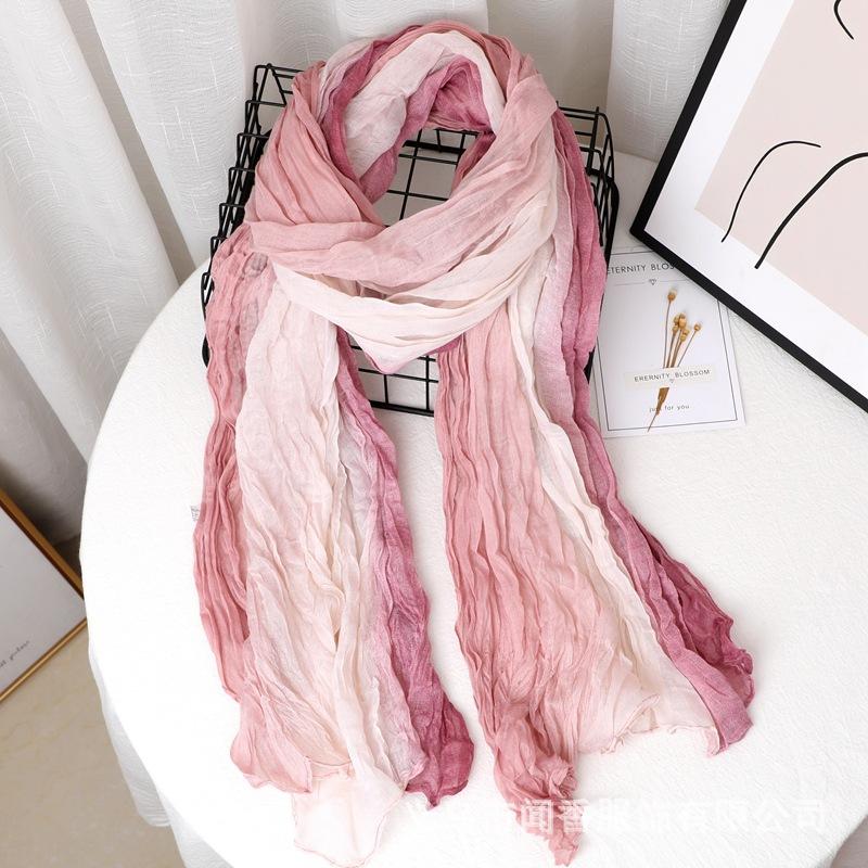 Contrast Color Cotton And Linen Wrinkled Scarf Female Literary And Artistic Fan Atmosphere Warm Silk Scarf Retro Gradual Change Color Scarf Shawl