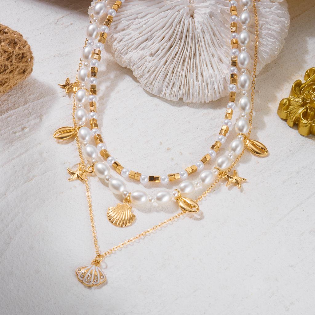 3 Stück Elegante Imitation Perlen Choker Halsketten für Damen Mehrschichtig Ozean Seestern Muscheln Anhänger Halsketten Party Schmuck