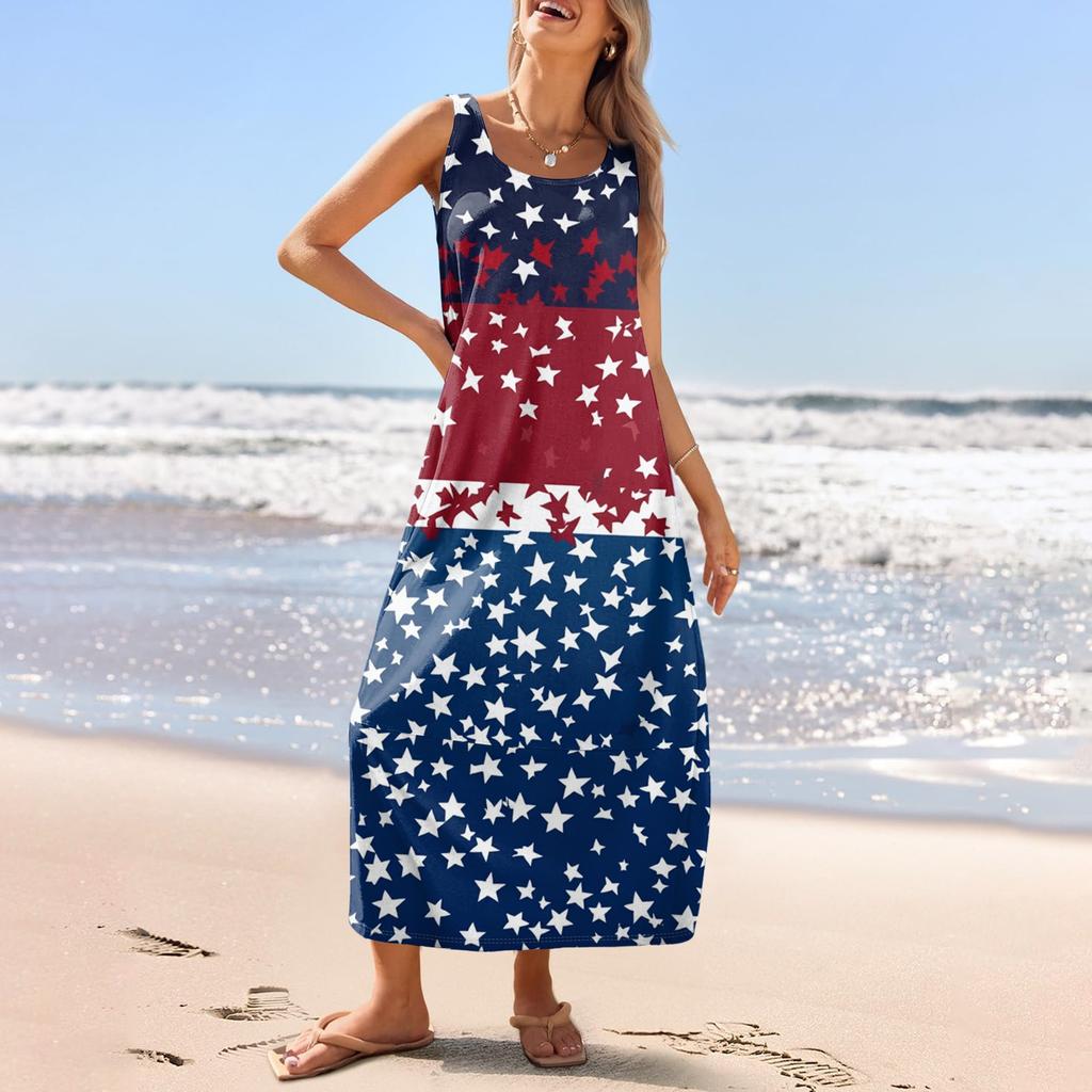 Women's Casual Long-length Sundress Summer Beach Dress Round Neck Sleeveless Loose Sundress
