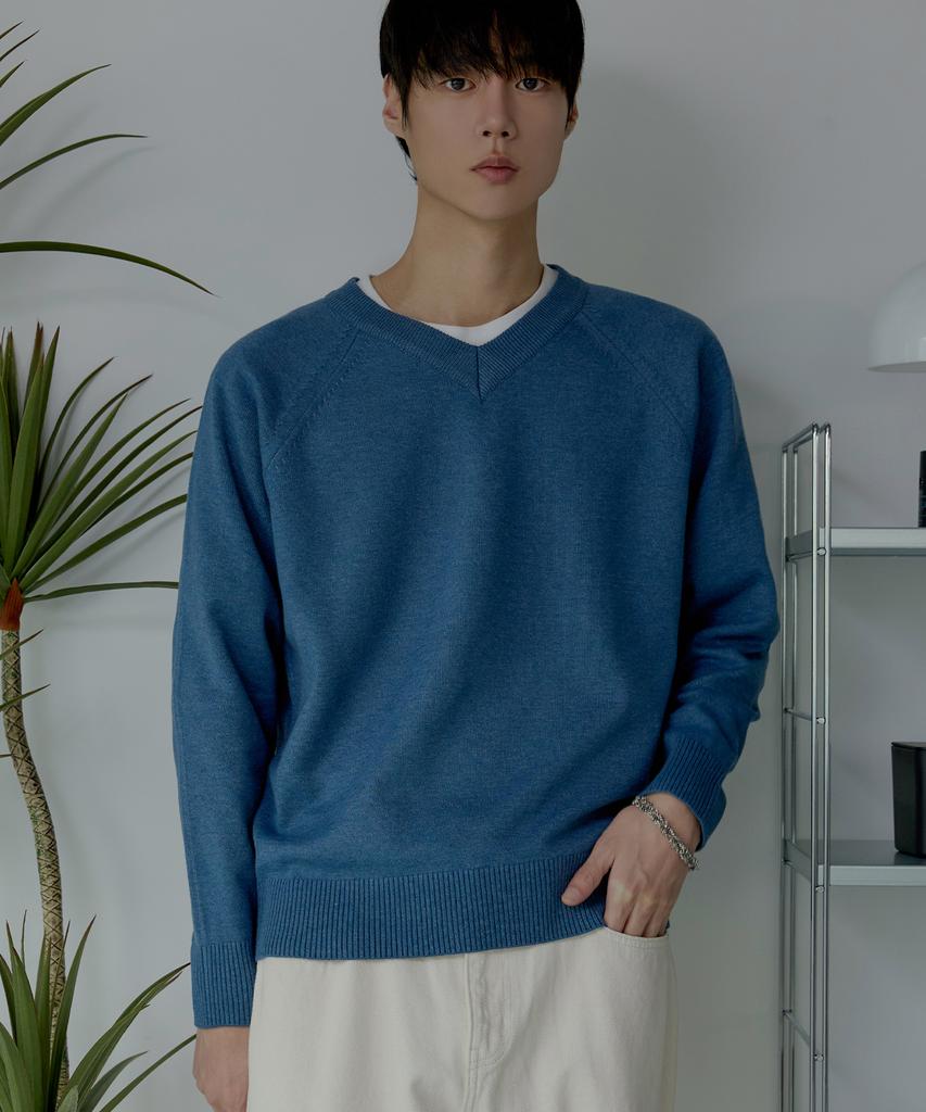 NODU V-Neck Herasi Raglan Crop Knit [Blue]