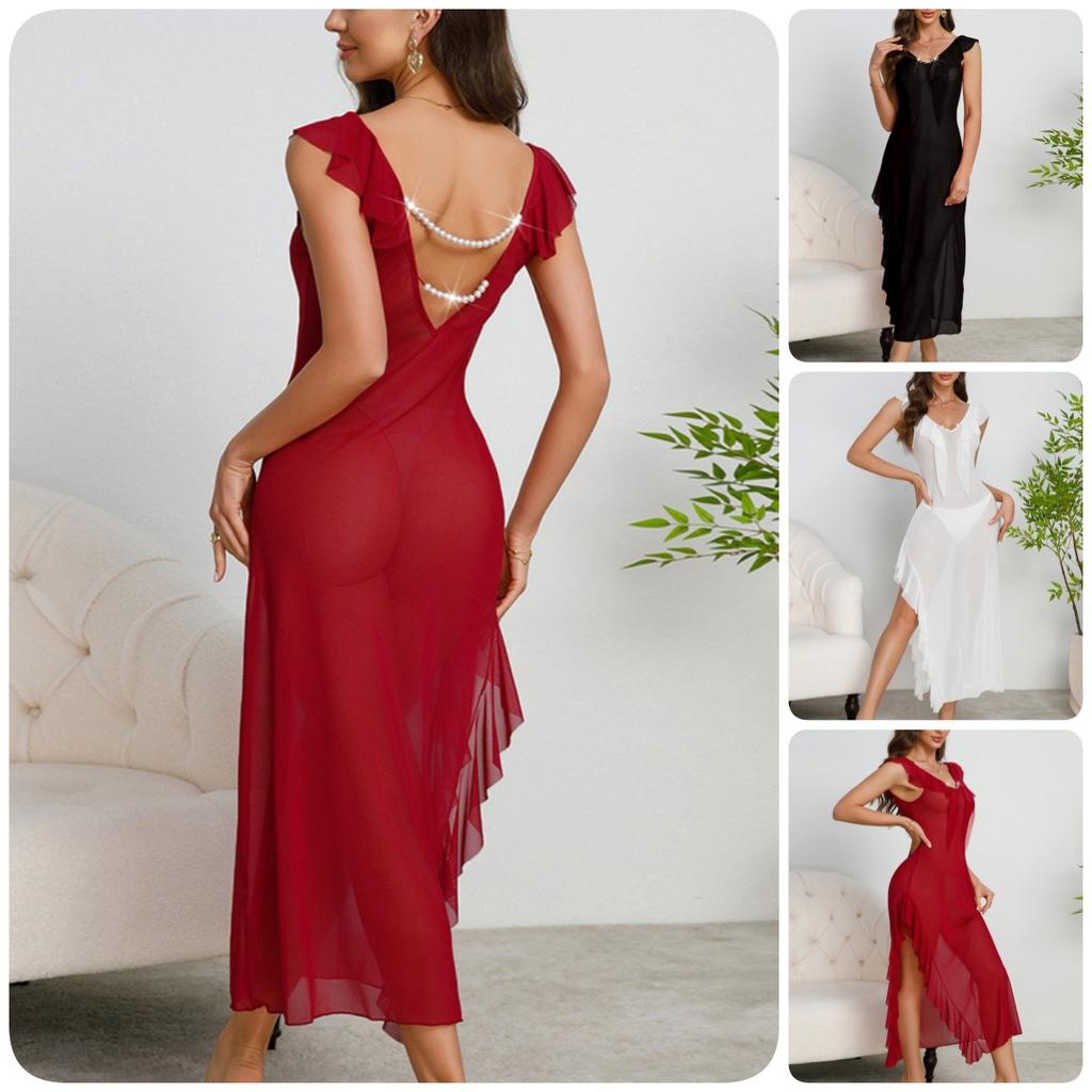 Mesh Long Ruffle Nightgown Backless Cami Pearl Decor Sexy Women's Comfortable Loungewear 885 Romantic Glamorous Sleepwear with Elegant Accents
