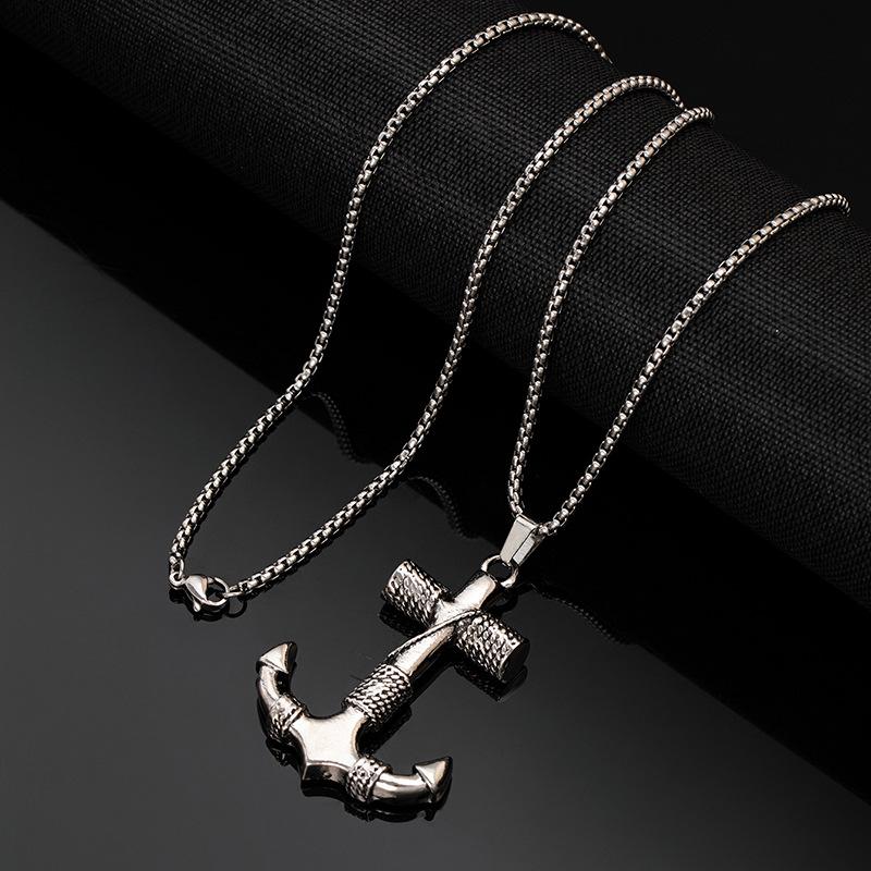 Thunder Hammer Pendant Necklace Retro Titanium Steel ChainShip Anchor Sweater Chain