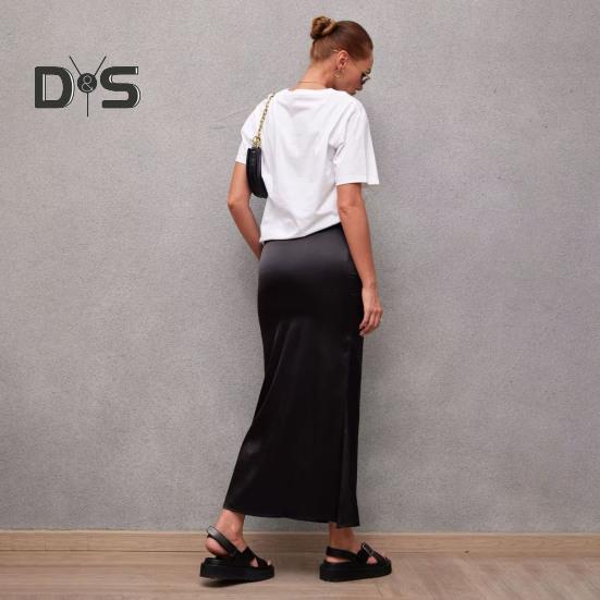 Women Fishtail Skirt with Large Hem High Waist Hip Wrapped Imitation Silk Maxi Skirt Solid Color Slimming Satin Skirt