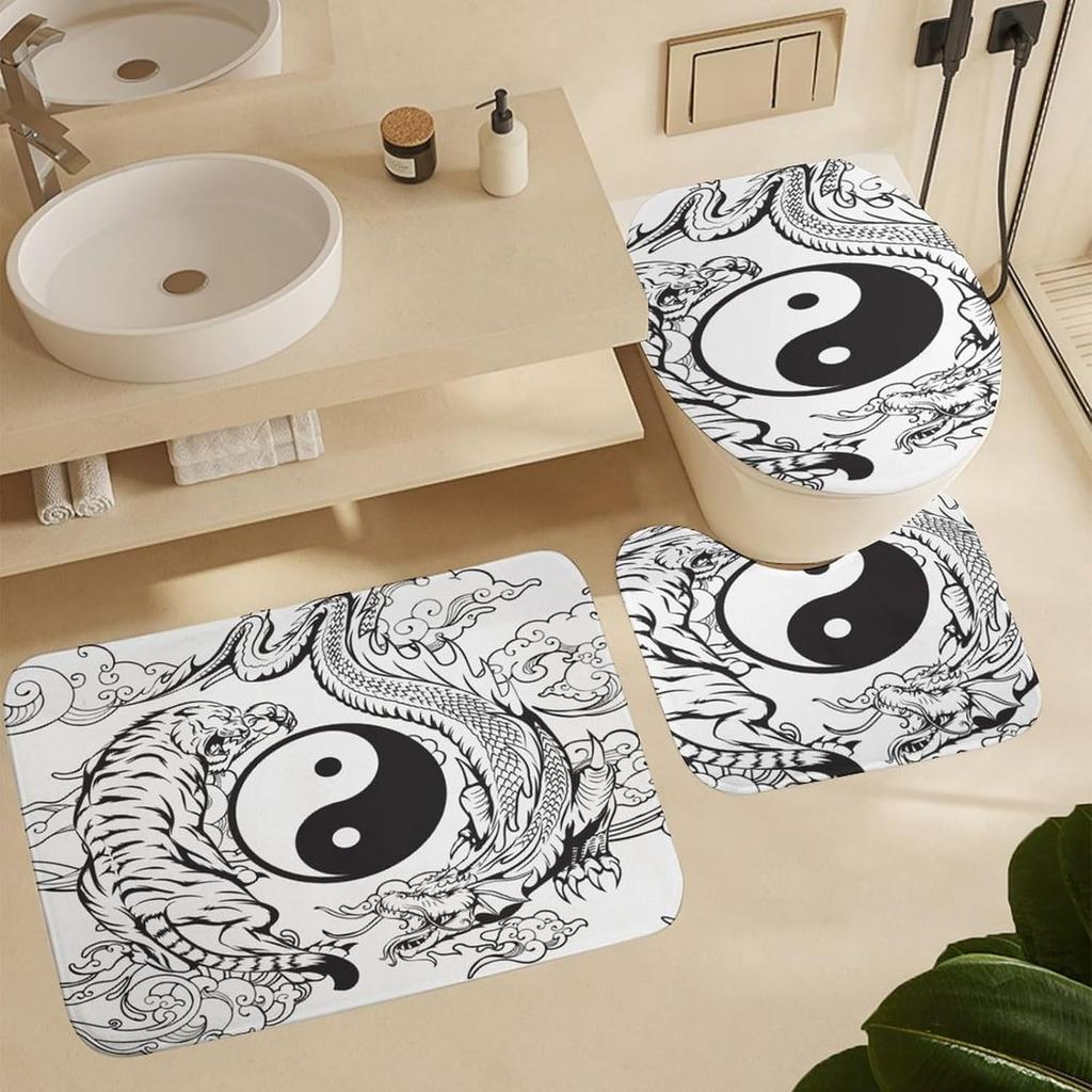 Cool Black and White Dragon and Tiger 4 Pieces Shower Curtain Set,Metaphysical Sky Dragon and Tiger Yin Yang Non-Slip Rugs Toilet Lid Cover Bath Mat