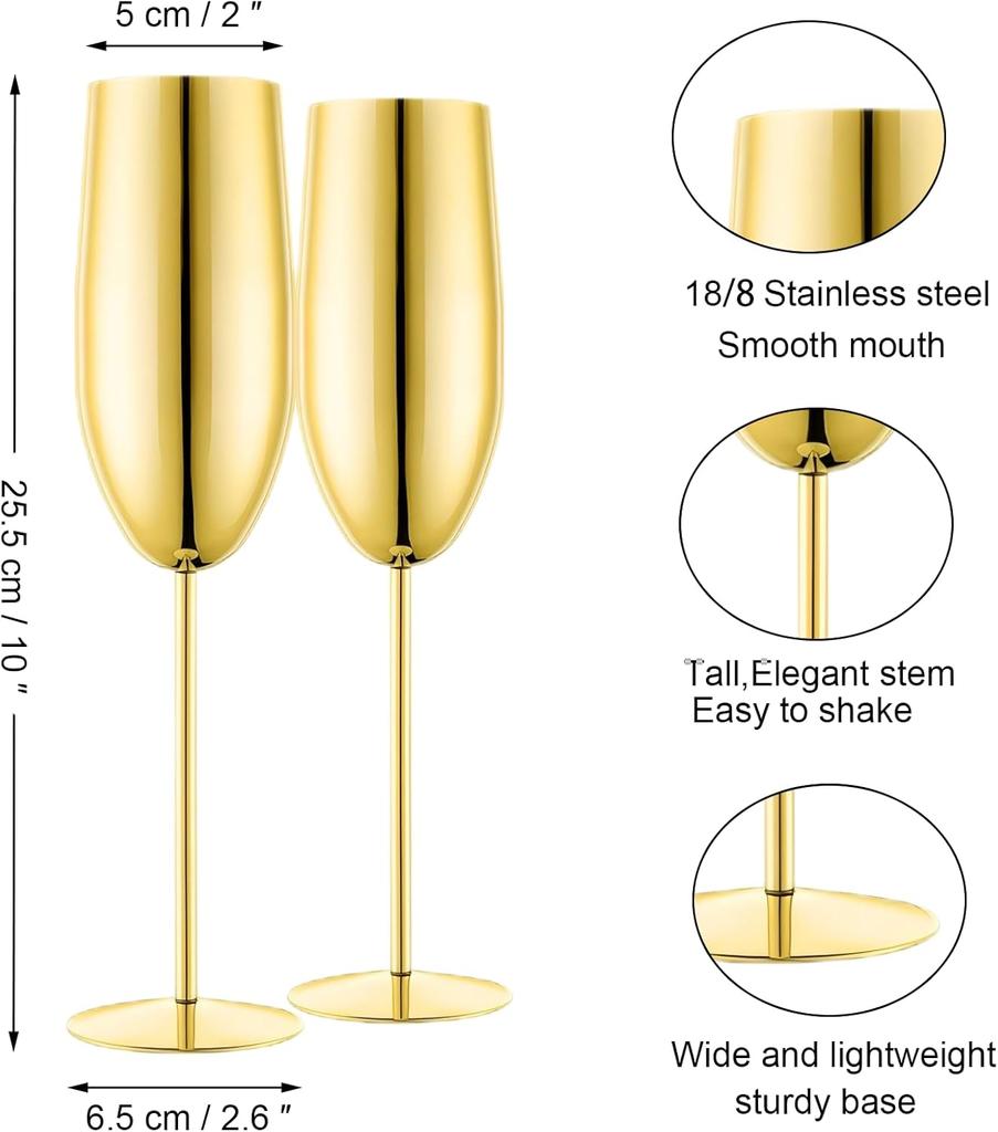 Stainless Steel Champagne Flutes Set of 2, Gold Unbreakable 8.5 oz for Wedding, Party, Christmas, Anniversary, Birthday Gifts