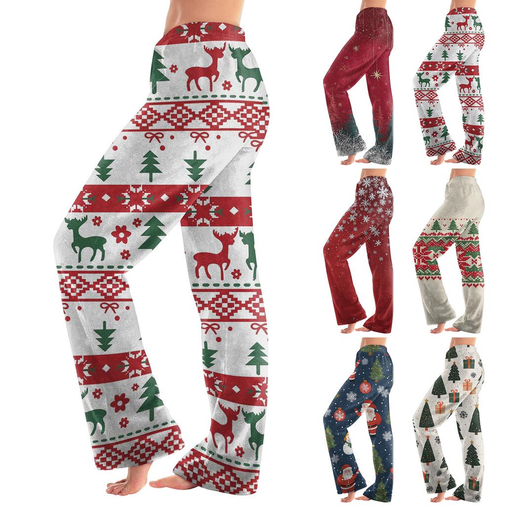 Women's Christmas Print Pants Casual Plush Pajama Bottoms for Holiday Lounging