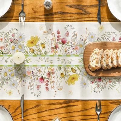 Blumen Tischläufer Frühling Sommer Leinen Aquarellblumen Pflanzen Tischläufer Maschinenwaschbar Tischschutz für Zuhause Bauernhaus Dinnerparty