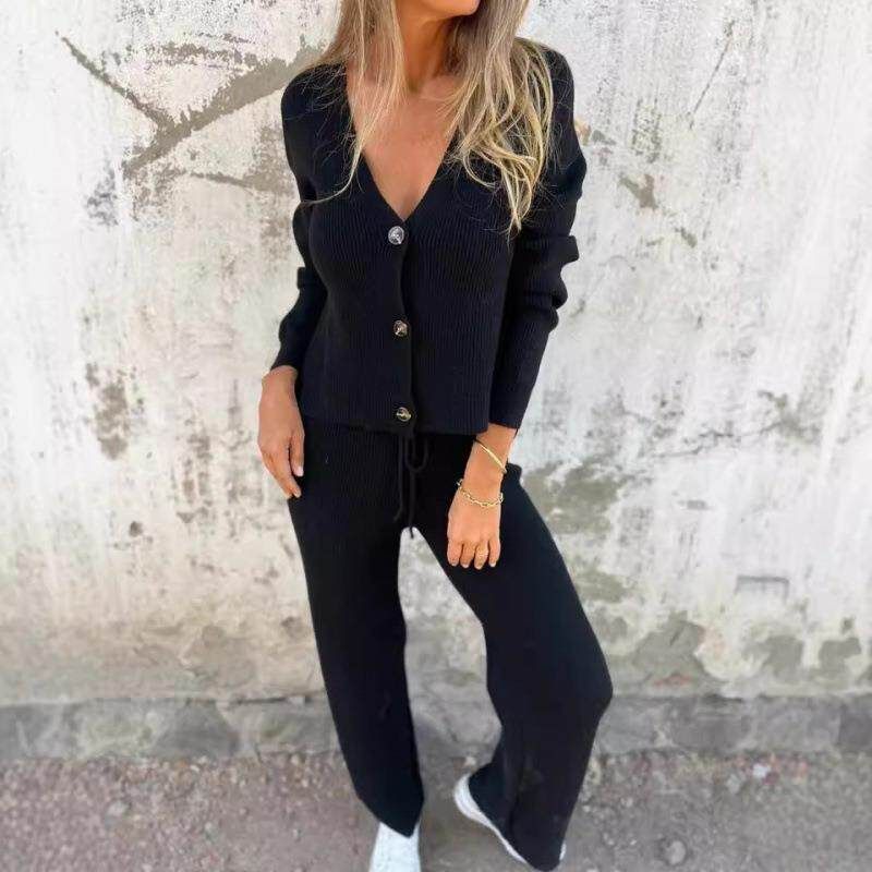 

New Sweater Set Long Sleeved Breasted Pants Apricot S
