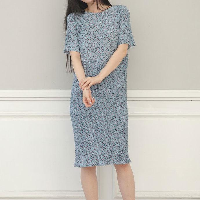 Summer Women Dress Small Flower Print Crew Neck Loose Short Sleeves Pleated Mid-calf Length Pullover Shopping Midi Dress