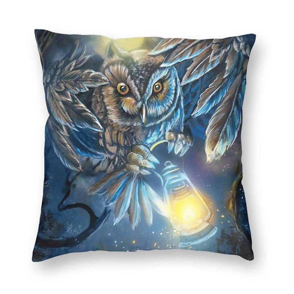 Owl Light In The Night Square Pillowcase Polyester Linen Velvet Creative Zip Decor Pillow Case Room Cushion Cover