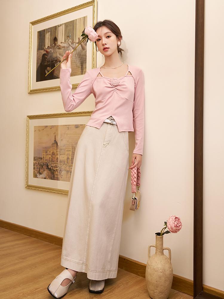 Mishow Dámská džínová sukně 2023 podzimní nová vintage s vysokým pasem univerzální 100% bavlna dojíždějící volné elegantní sukně MXC43B0110