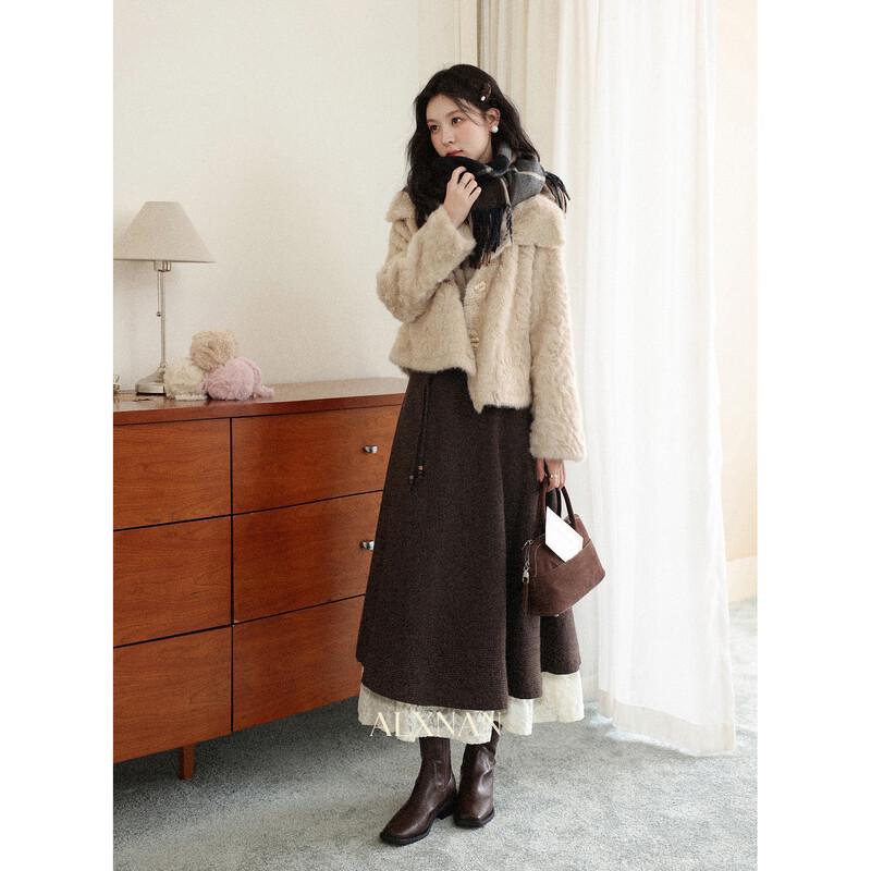 Maple Latte Lace Spliced Midi Skirt