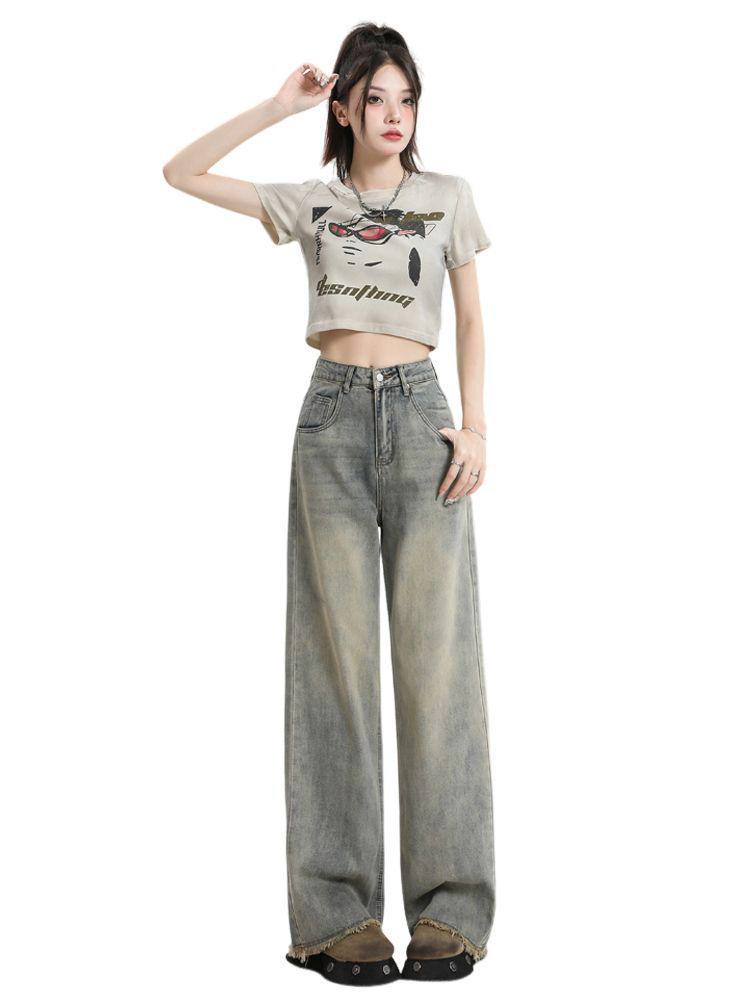 Women's Vintage High-Waisted Wide-Leg Jeans - Frayed, Plus Size, Slimming, Floor-Length, Retro Summer Style