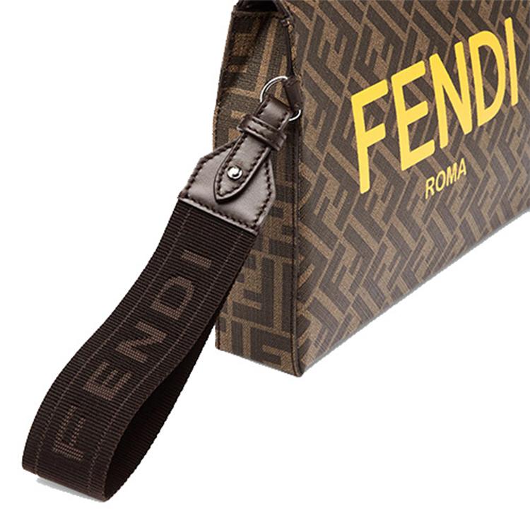 Fendi Monogram Logo FF Zipper Cotton Tote Bag Clutch Men Bags Brown 7VA564-AJJ4-F1HR8