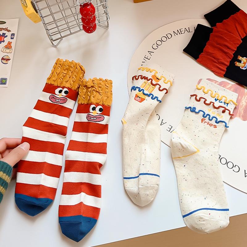 Women's French Fries Mid-Calf Socks - Cute Korean Style, Funny Personality, Pure Cotton, Internet Celebrity Trend