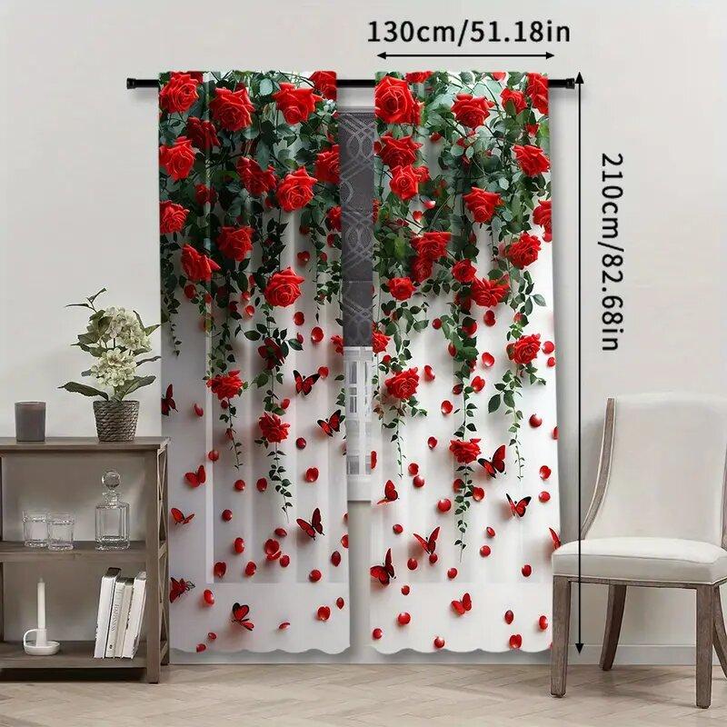 2 stk gardiner med trykk av røde roser, stanglommegardiner 42*84, soverom og stue, hjemmedekorasjon, romdekorasjon