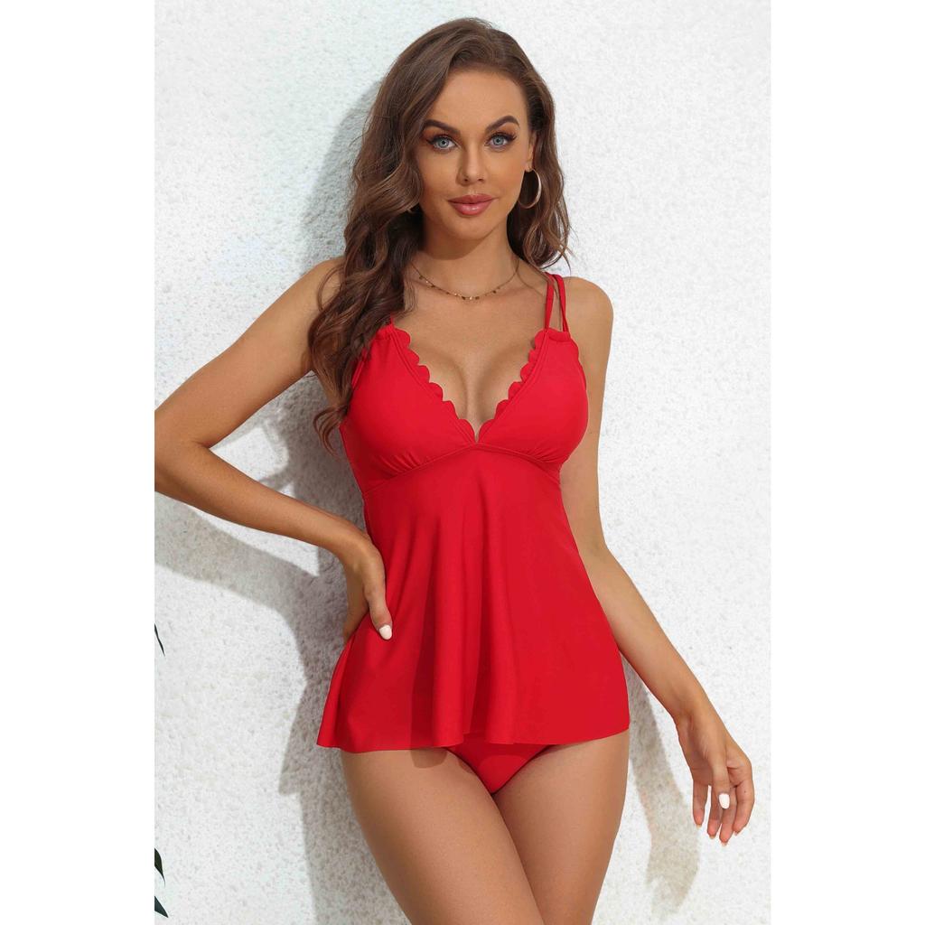 CHARMLEAKS Tankini-Set für Damen, einfarbig, Bademode, Schwimmsets, Spaghettiträger, V-Ausschnitt, gebogene Webkante, Badeanzug