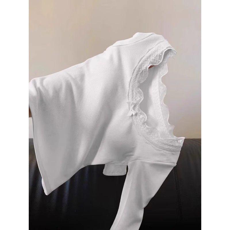 Elegant Lace Trim Long Sleeve Slim Fit Women's Top - Early Spring to Winter