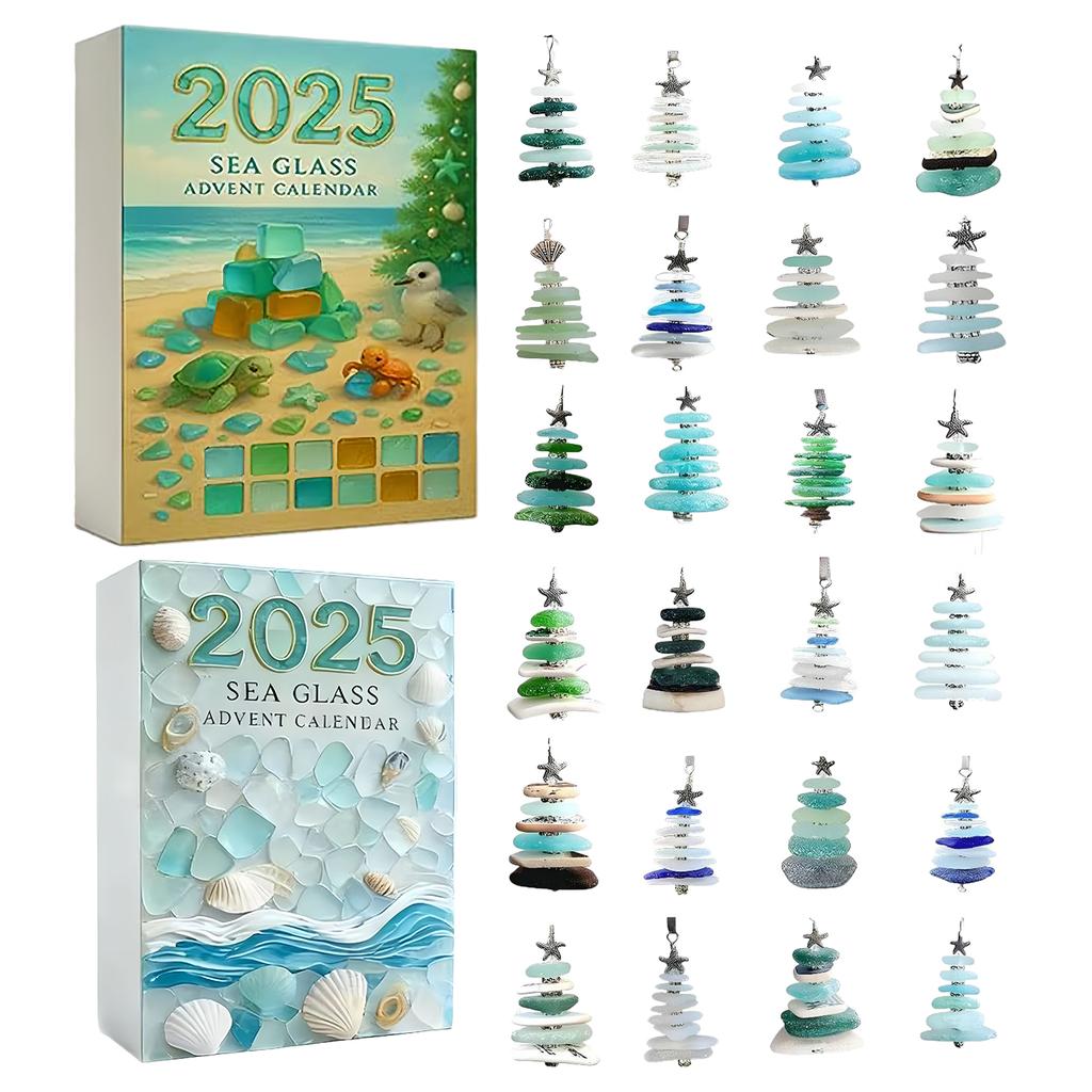 Arbre de Noël en Verre Marin Calendrier de l'Avent de Noël avec 24 Mini Ornements d'Arbre de Noël Compte à Rebours de Noël pour Décoration d'Arbre