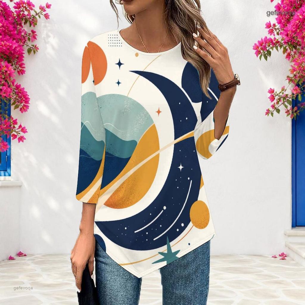 Ladies Plus Size Three Quarter Sleeve Top Pointed Hem Breathable Loose Casual For Daily Commute