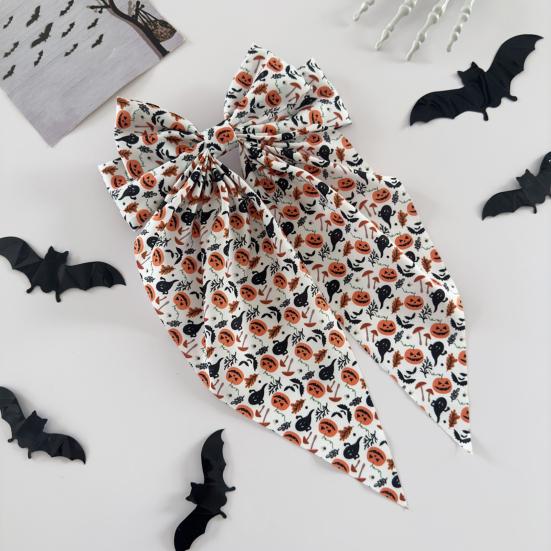 Festive Halloween Hair Accessory Bow Spring Clips for Women, Pumpkin Skeleton Ghost Hand Printed Clip Fabric Barrettes, Cute Horror Accessories