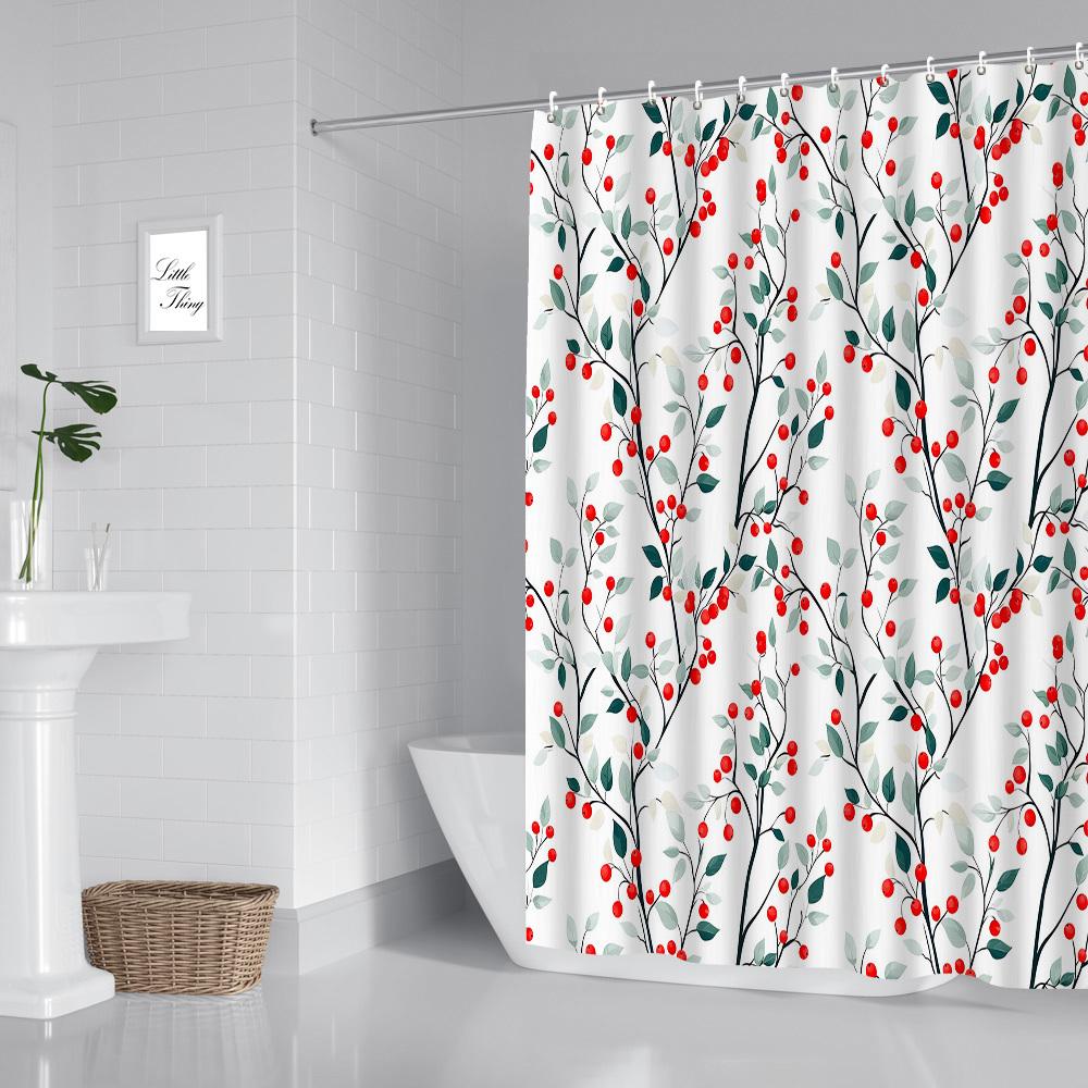 Digital Print Shower Curtain - Fresh Green Leaves & Red Fruit, Durable Polyester, Grommets For Easy Install, Artistic Bath Deco