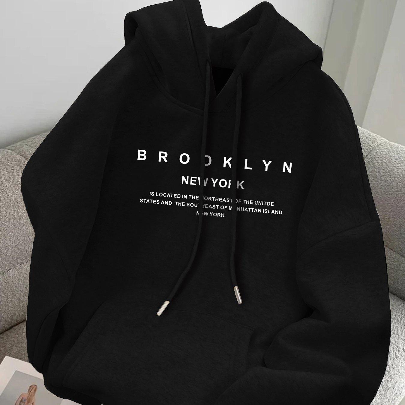 

Men s autumn and winter fashionable casual loose Brooklyn graphic print fleece pullover long sleeved hooded sweatshirt 2XL